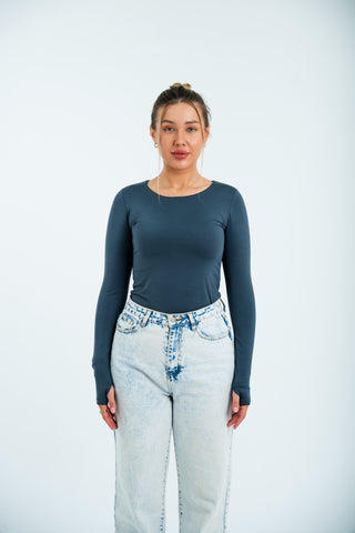 Women’s Long Sleeve Fitted Top – Charcoal Blue