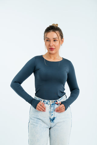 Women’s Long Sleeve Fitted Top – Charcoal Blue