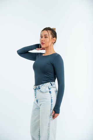 Women’s Long Sleeve Fitted Top – Charcoal Blue